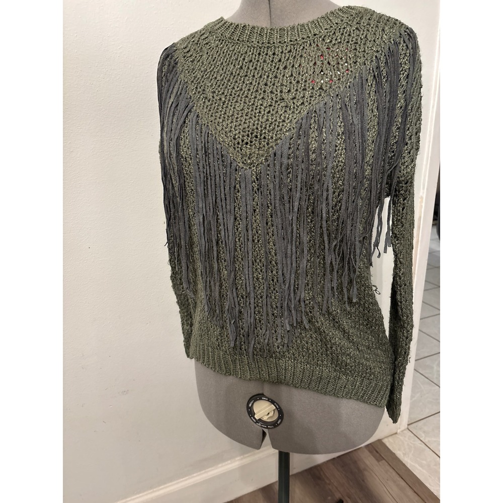 Love At First Sight Fringed Knit Sweater Women L Green Excellent Boho Western